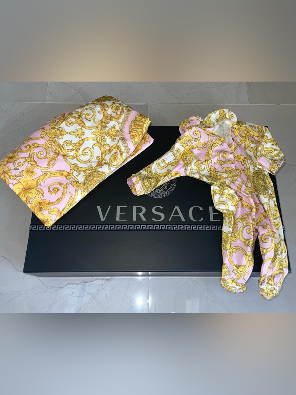 Versace Pink & Gold Baroque Silk Scarf Duo